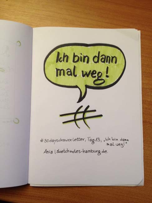 Tag 13. Ich bin dann mal weg (Sprechblase über Comic-Symbol für Geschwindigkeit). Zeichnung und Foto: Ania Groß