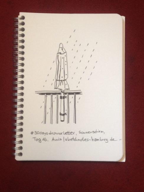 Tag 16, Sonnenschirm (Schirm zusammengefaltet im Regen).. Zeichnung und Foto: Ania Groß