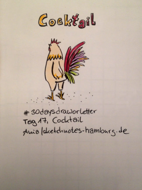Tag 17, Cocktail. Der prächtige Schwanz eines Hahns (auf englisch Cocktail).Zeichnung und Foto: Ania Groß