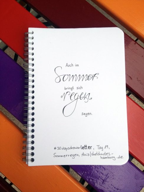 Tag 19, Sommerregen (Spruch: Auch im Sommer bringt sich regen Segen. Die Wörter Sommer und Regen sind hervorgehoben).. Zeichnung und Foto: Ania Groß