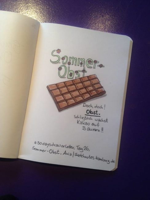 Tag 26, Sommerobst. Eine Tafel Schokolade, denn Kakao wächst auf Bäumen und ist deshalb OBST.Zeichnung und Foto: Ania Groß