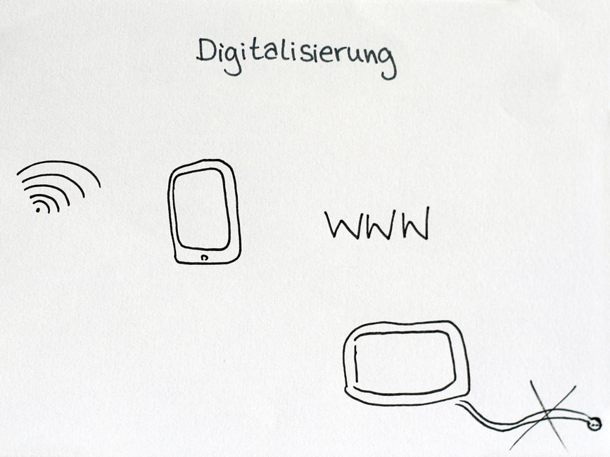 Das WLAN-Symbol, ein Smartphone und die Buchstaben WWW. Gezeichnet in einem Sketchnotes-Workshop. Urheber*in unbekannt.
