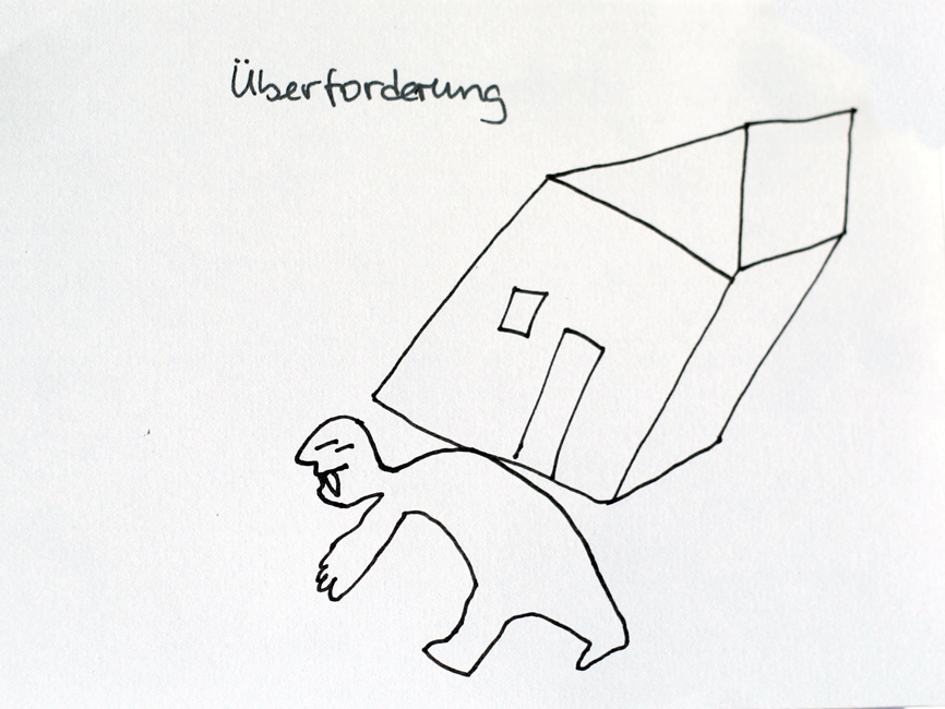 Eine gebückte Person trägt ein ganzes Haus. Gezeichnet in einem Sketchnotes-Workshop. Urheber*in unbekannt.