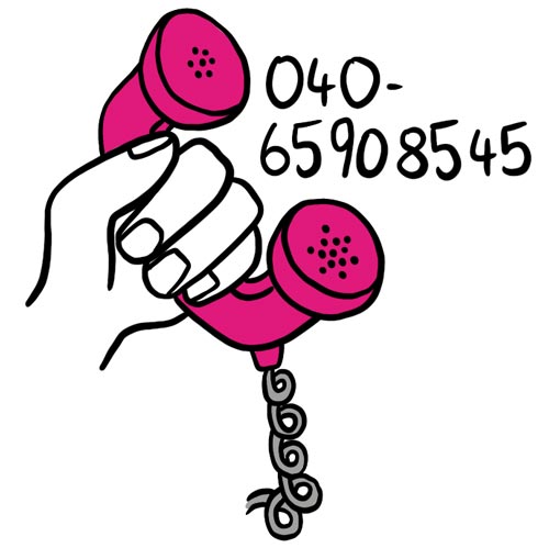 Strichzeichnung, comicartig: Eine Hand hält einen altmodischen Telefonhörer mit Ringelschnur. Neben dem oberen Teil steht: Hallo? Hallo! Illustration: © Ania Groß