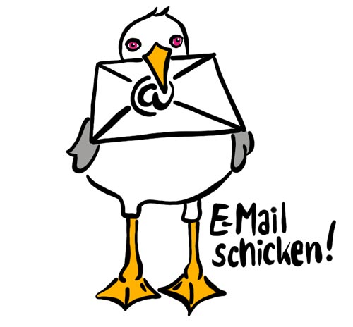 Strich-Zeichnung: Eine Möwe hält einen Brief im Schnabel und guckt frontal zur Betrachterin. Auf dem Umschlag ist ein @. Daneben steht: E-Mail schicken! Und „klick“. Illustration: © Ania Groß